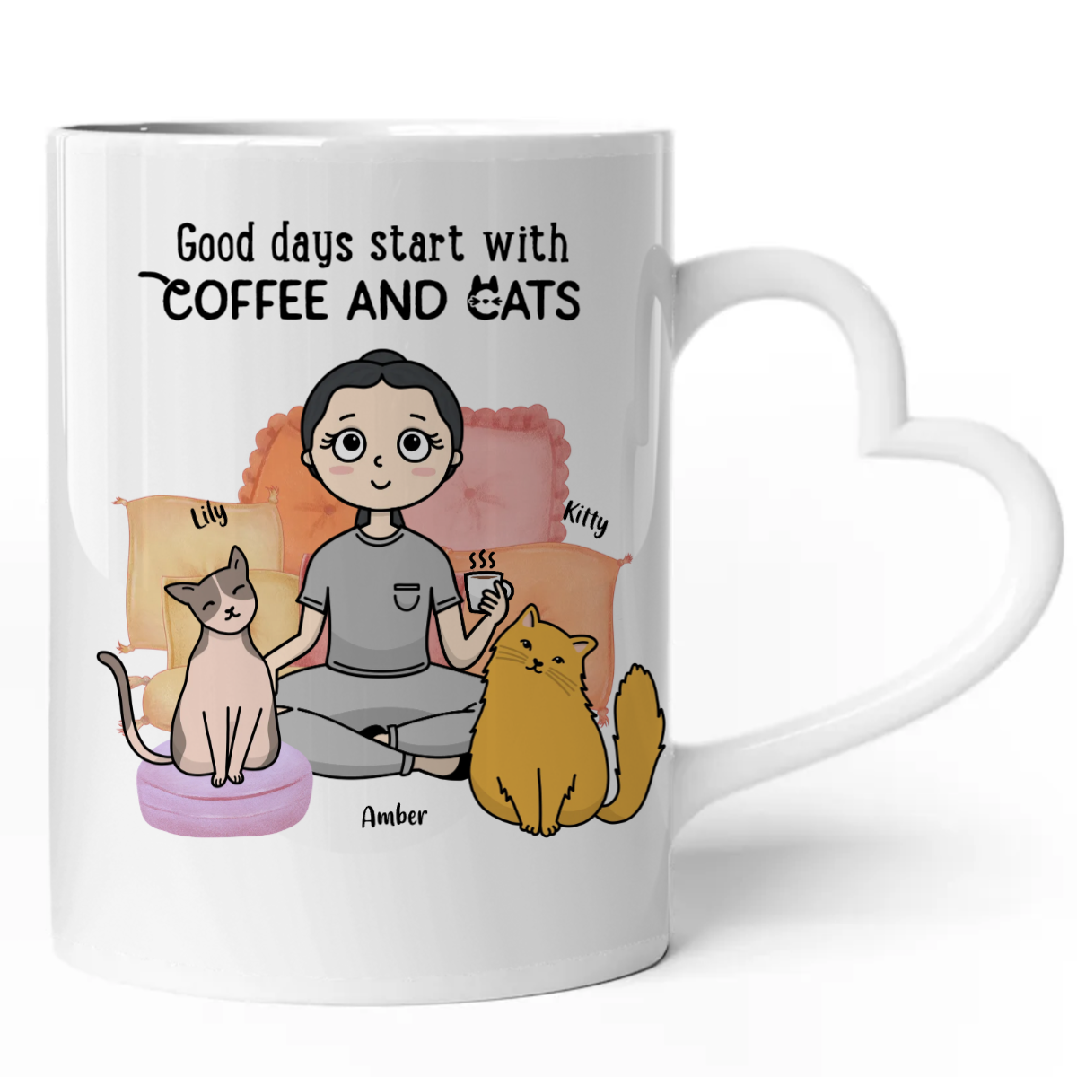 Personalized Good Days Start with Coffee & A Cats - KAWAII 11oz Heart Mug